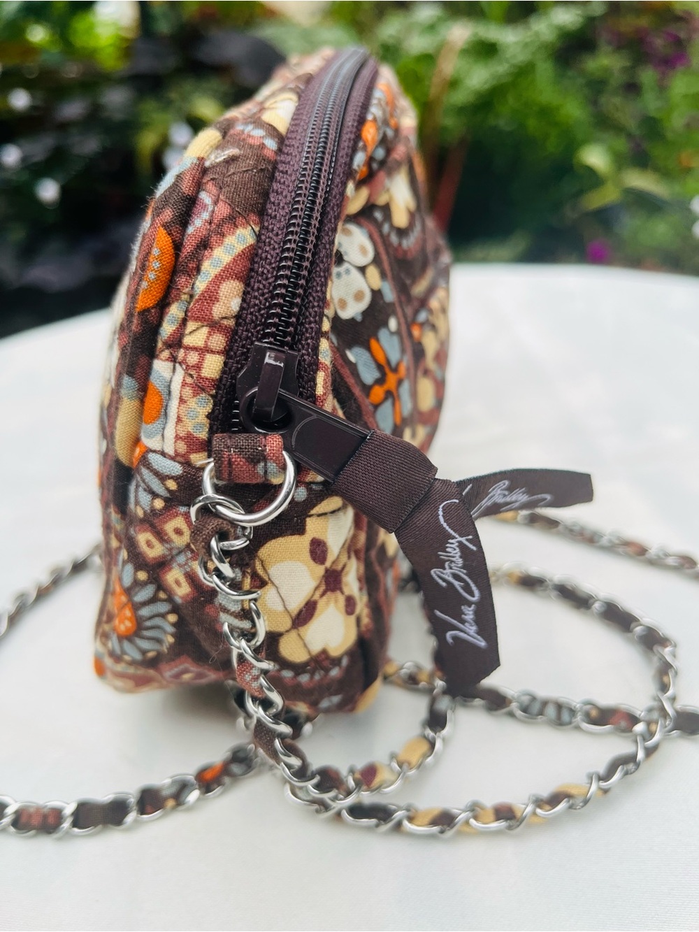 Vera Bradley Brown Floral Quilted Mini Crossbody with Orange & Cream Accents
